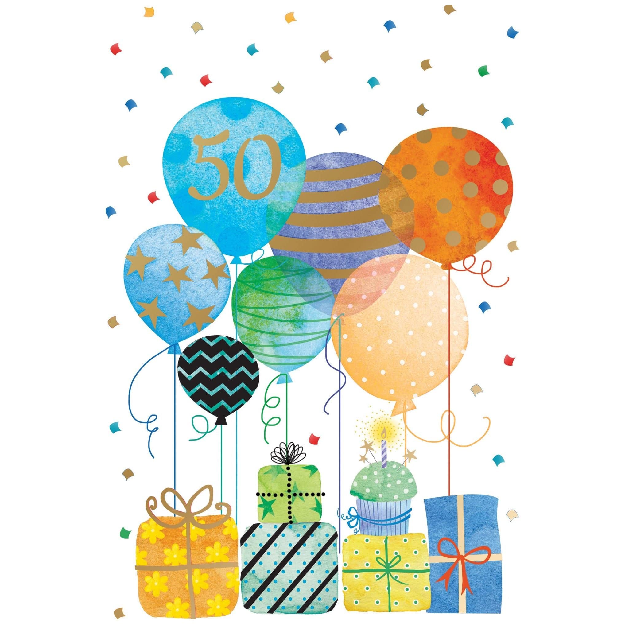 Colorful 50th birthday balloons and presents on a Pictura everyday card, featuring festive designs and cheerful greeting elements.